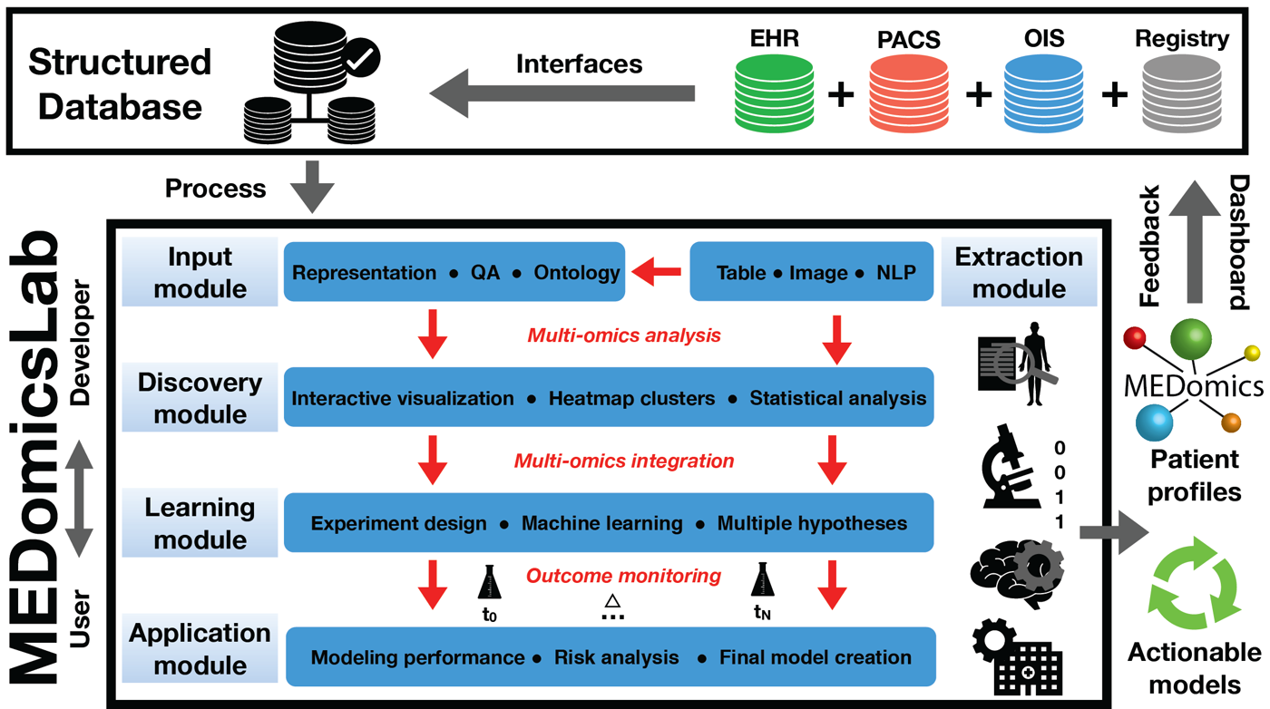 The five MEDomicsLab modules: input, text and image processing, discovery, learning, and application and analysis